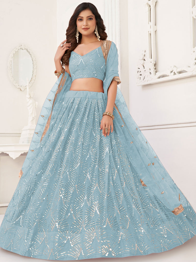 Gorgeous Blue Embroidered Net Reception Wear Lehenga Choli