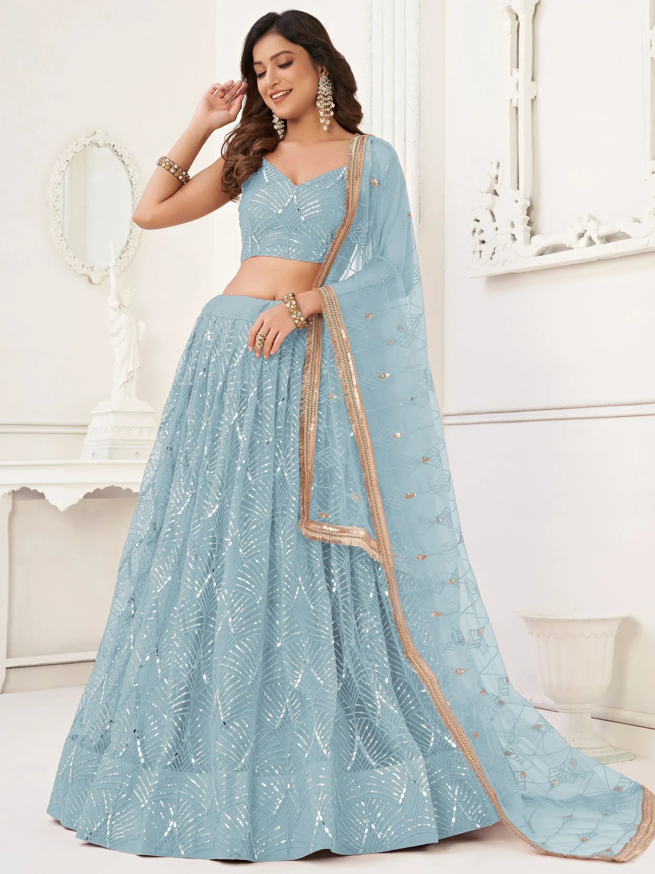 Gorgeous Blue Embroidered Net Reception Wear Lehenga Choli