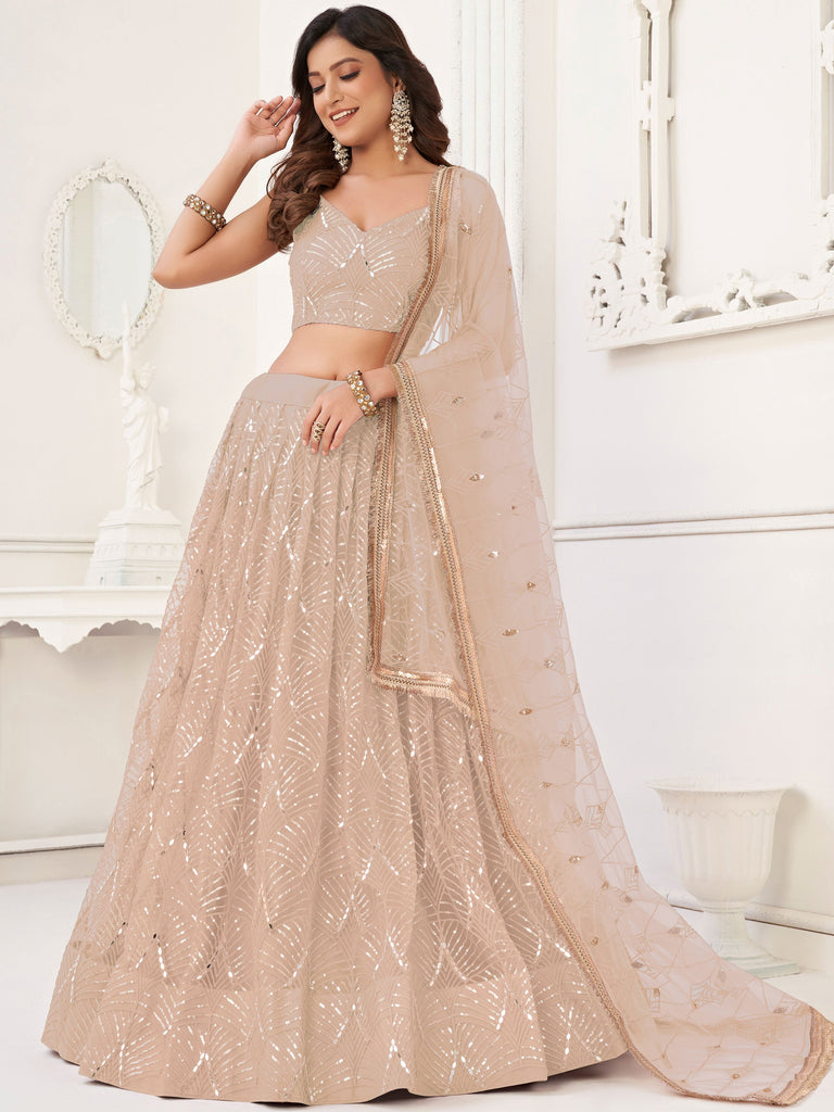 Captivating Beige Embroidered Net Engagement Wear Lehenga Choli 