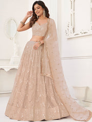 Captivating Beige Embroidered Net Engagement Wear Lehenga Choli 