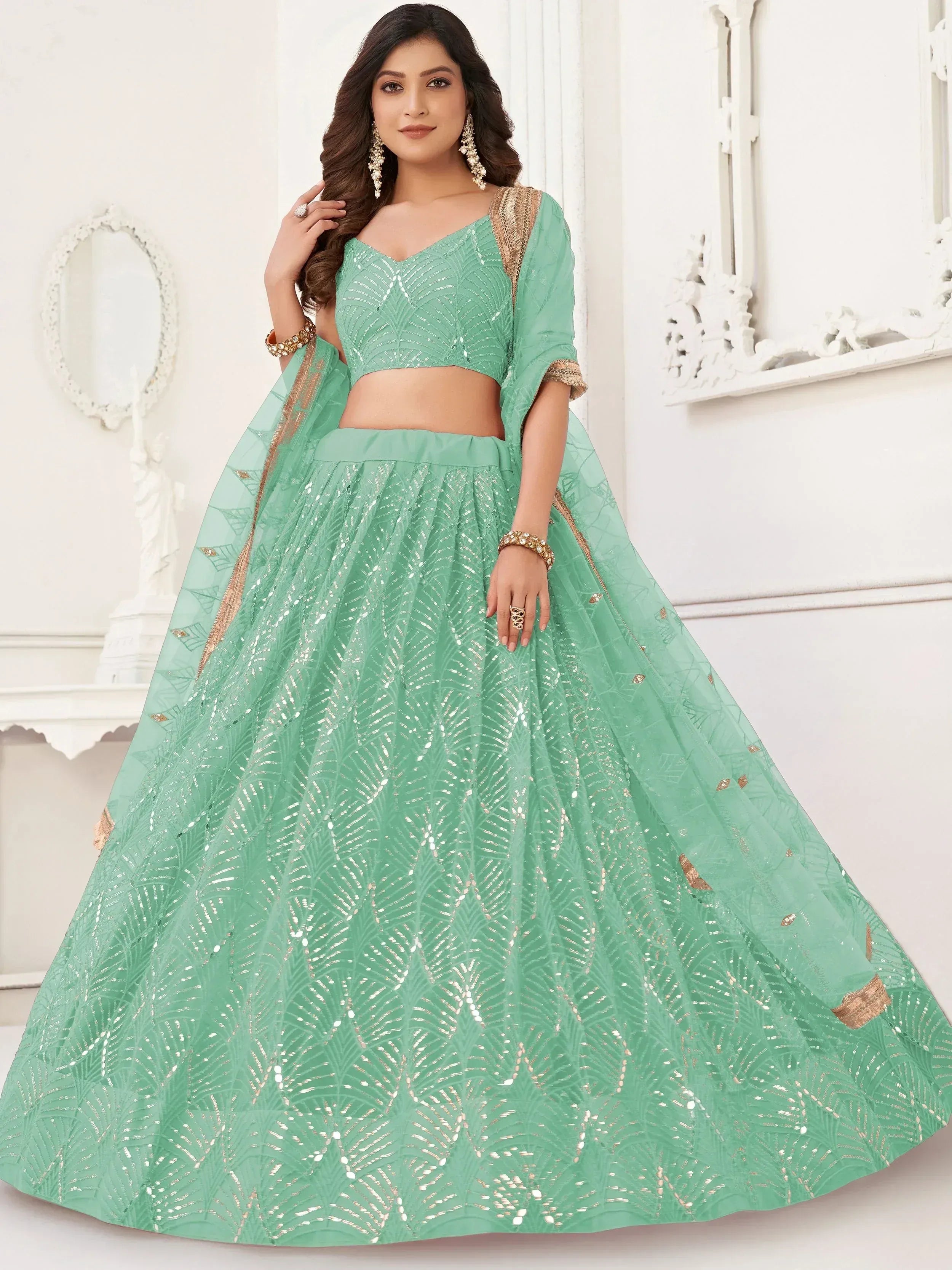 Sparkling Green Embroidered Net Function Wear Lehenga Choli 