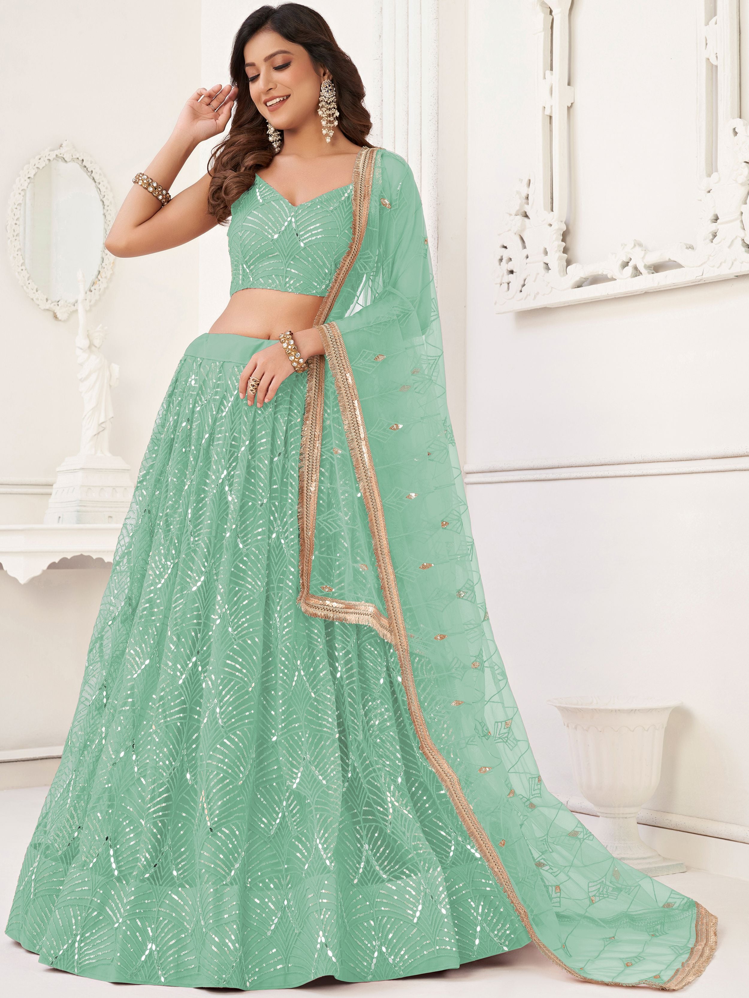 Sparkling Green Embroidered Net Function Wear Lehenga Choli 
