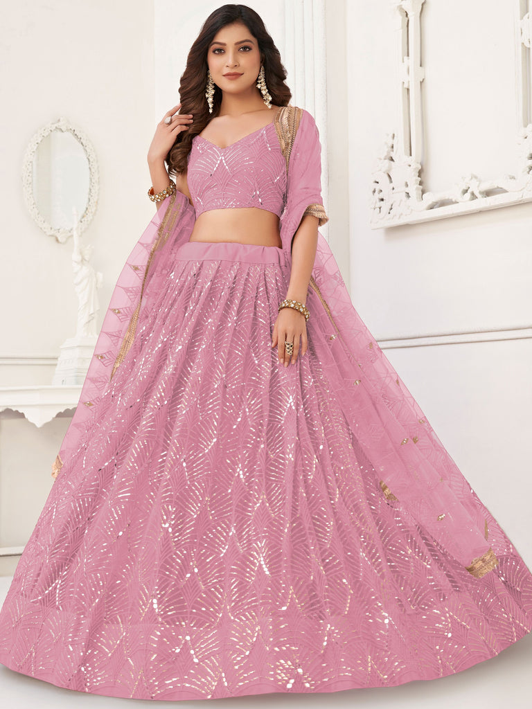 Fantastic Pink Embroidered Net Wedding Wear Lehenga Choli 