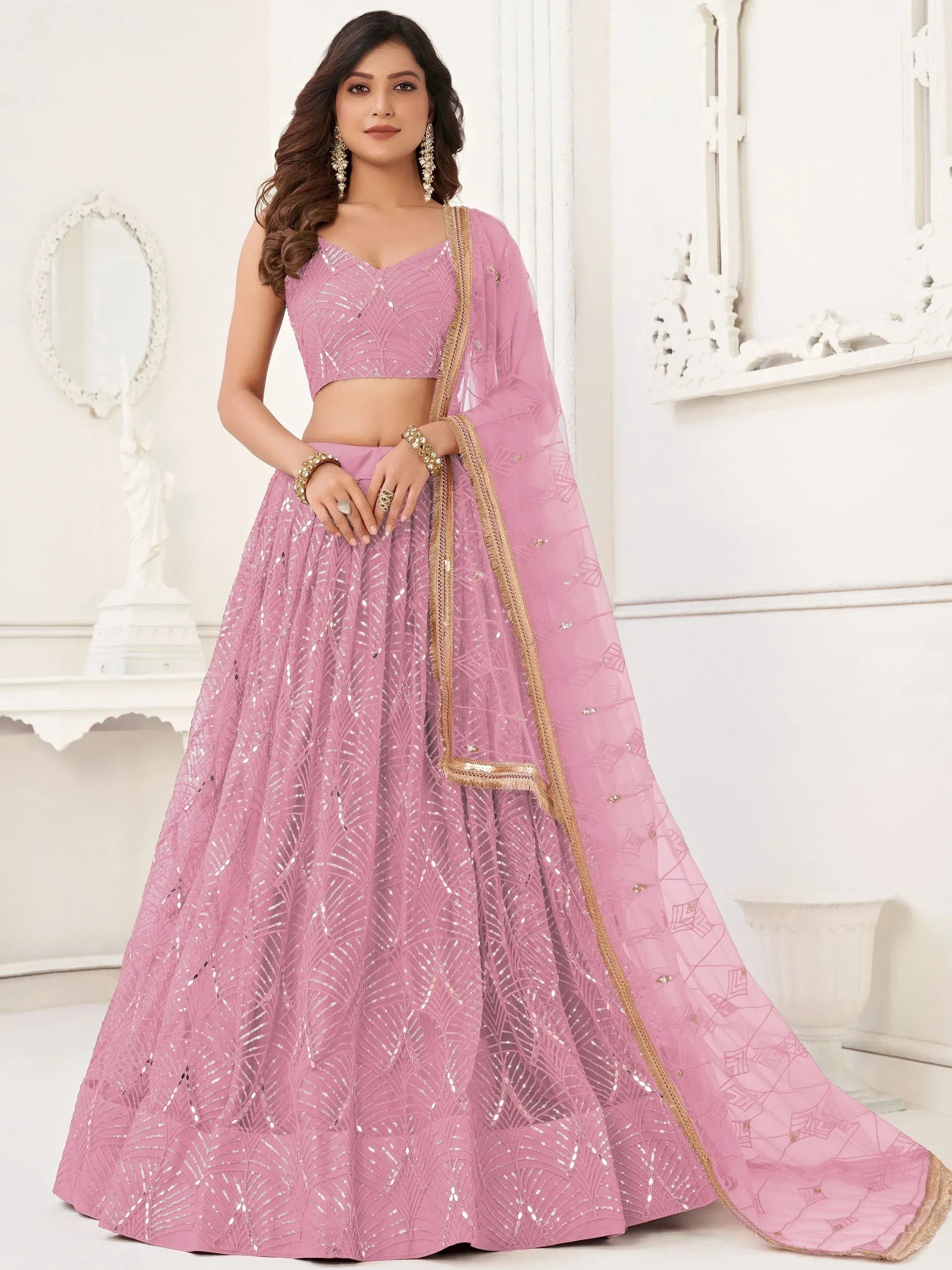 Fantastic Pink Embroidered Net Wedding Wear Lehenga Choli 