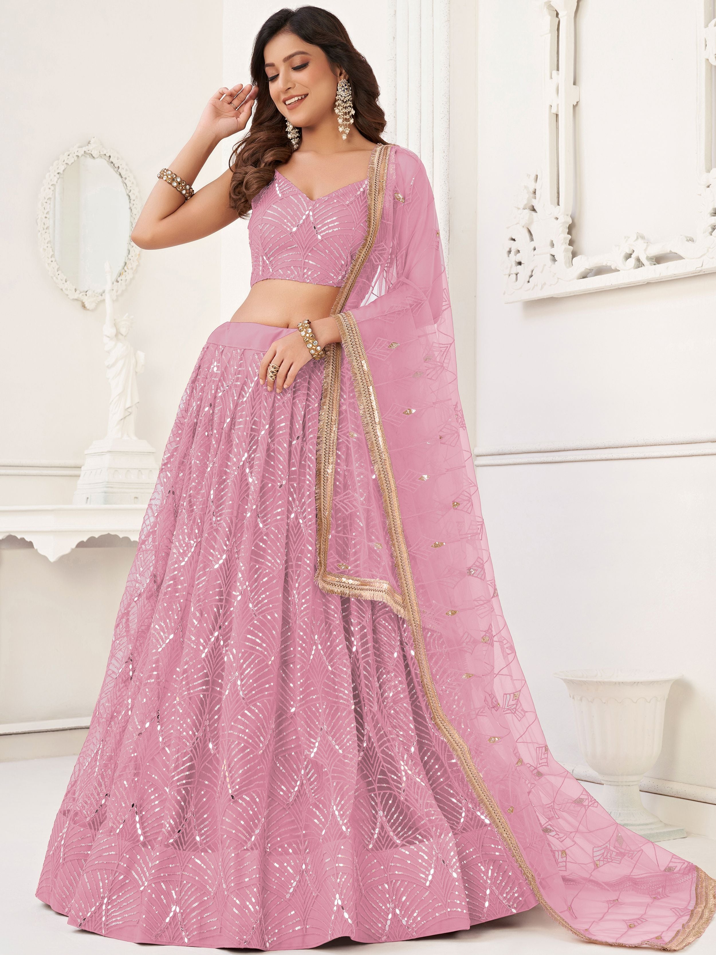 Fantastic Pink Embroidered Net Wedding Wear Lehenga Choli 