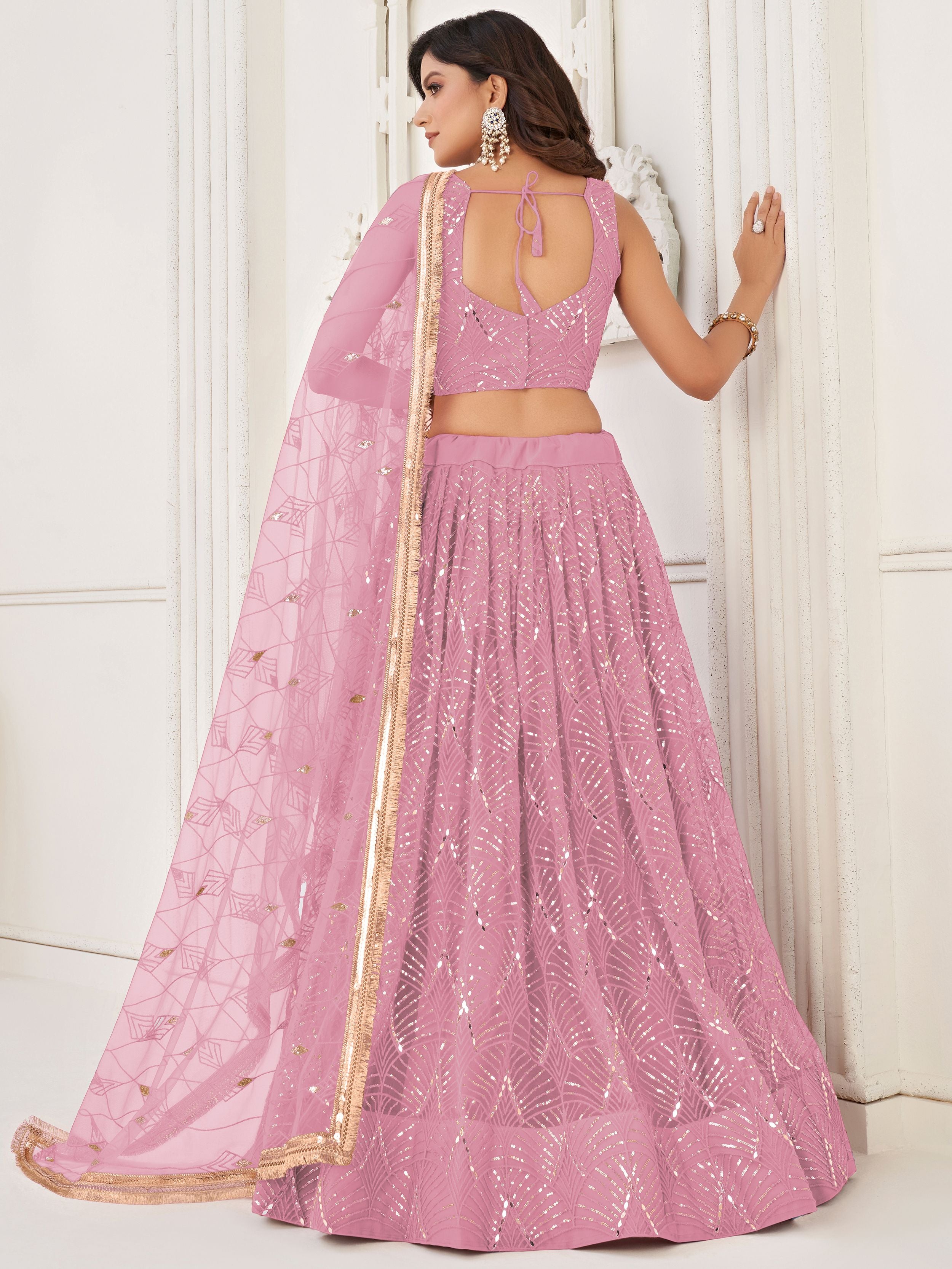 Fantastic Pink Embroidered Net Wedding Wear Lehenga Choli 