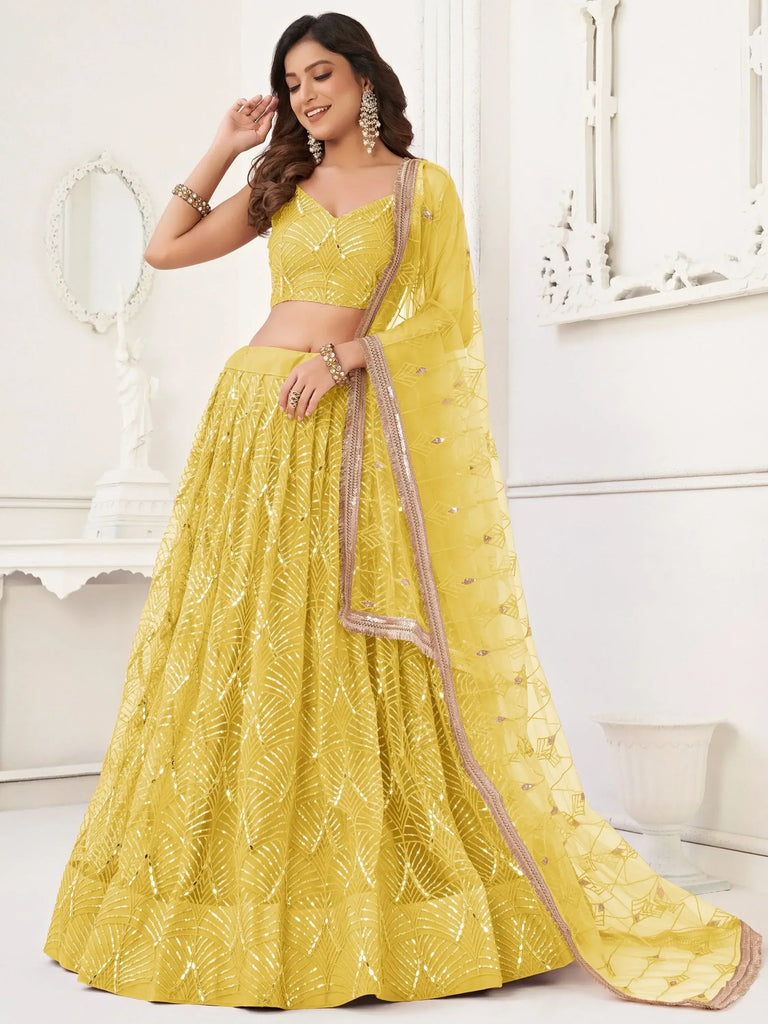 Astonishing Yellow Thread Work Net Function Wear Lehenga Choli