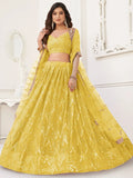 Astonishing Yellow Thread Work Net Function Wear Lehenga Choli