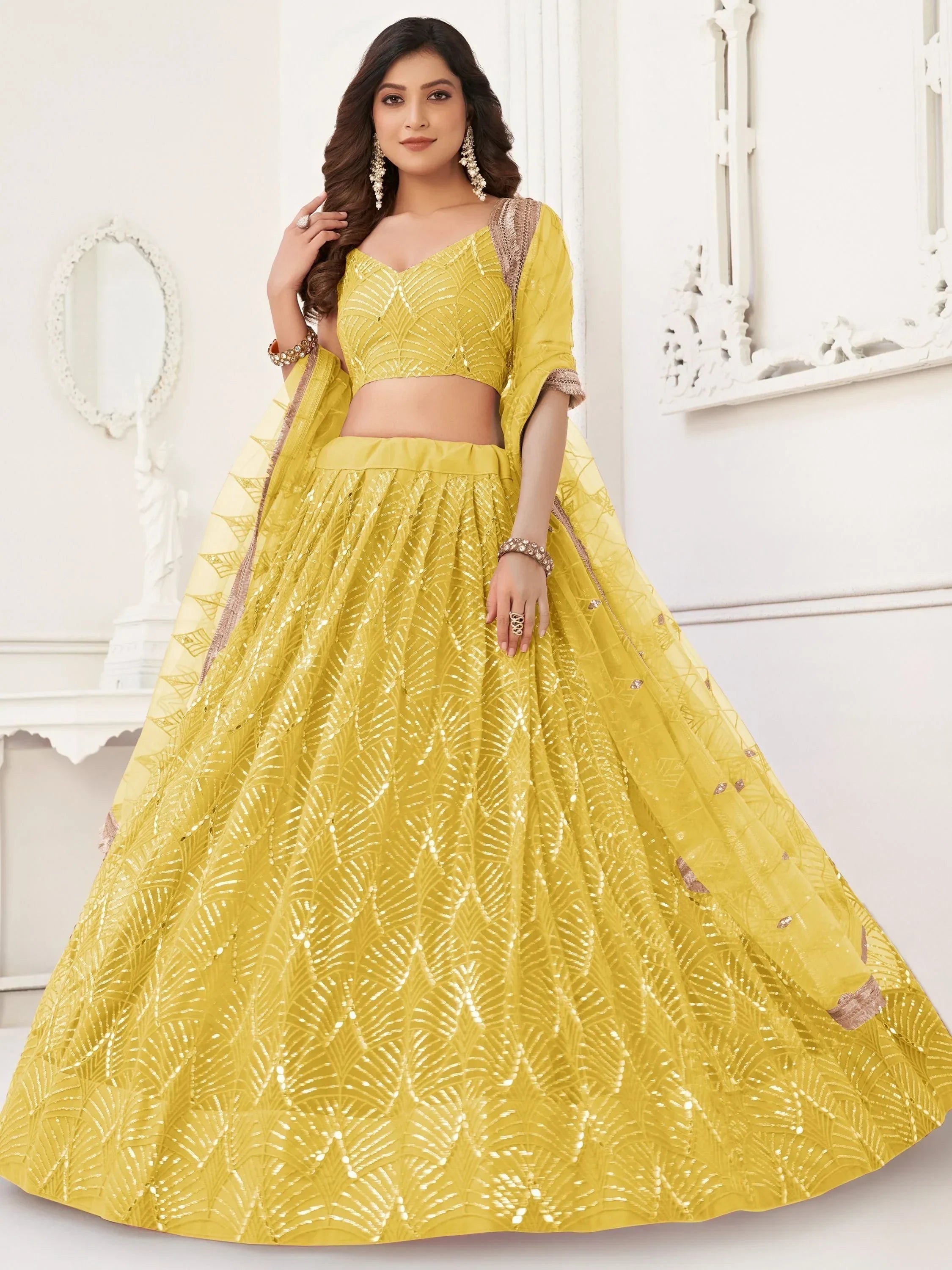 Astonishing Yellow Thread Work Net Function Wear Lehenga Choli