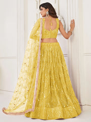 Astonishing Yellow Thread Work Net Function Wear Lehenga Choli