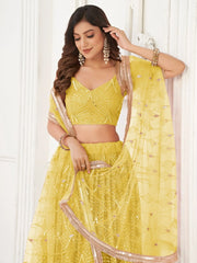Astonishing Yellow Thread Work Net Function Wear Lehenga Choli