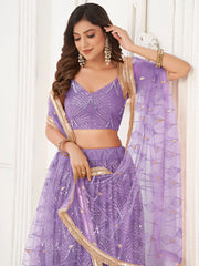 Incredible Lavender Thread Work Net Designer Lehenga Choli