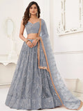 Excellent Grey Thread Work Net Bridesmaid Lehenga Choli With Dupatta