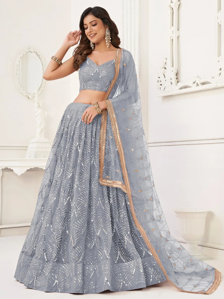 Excellent Grey Thread Work Net Bridesmaid Lehenga Choli With Dupatta