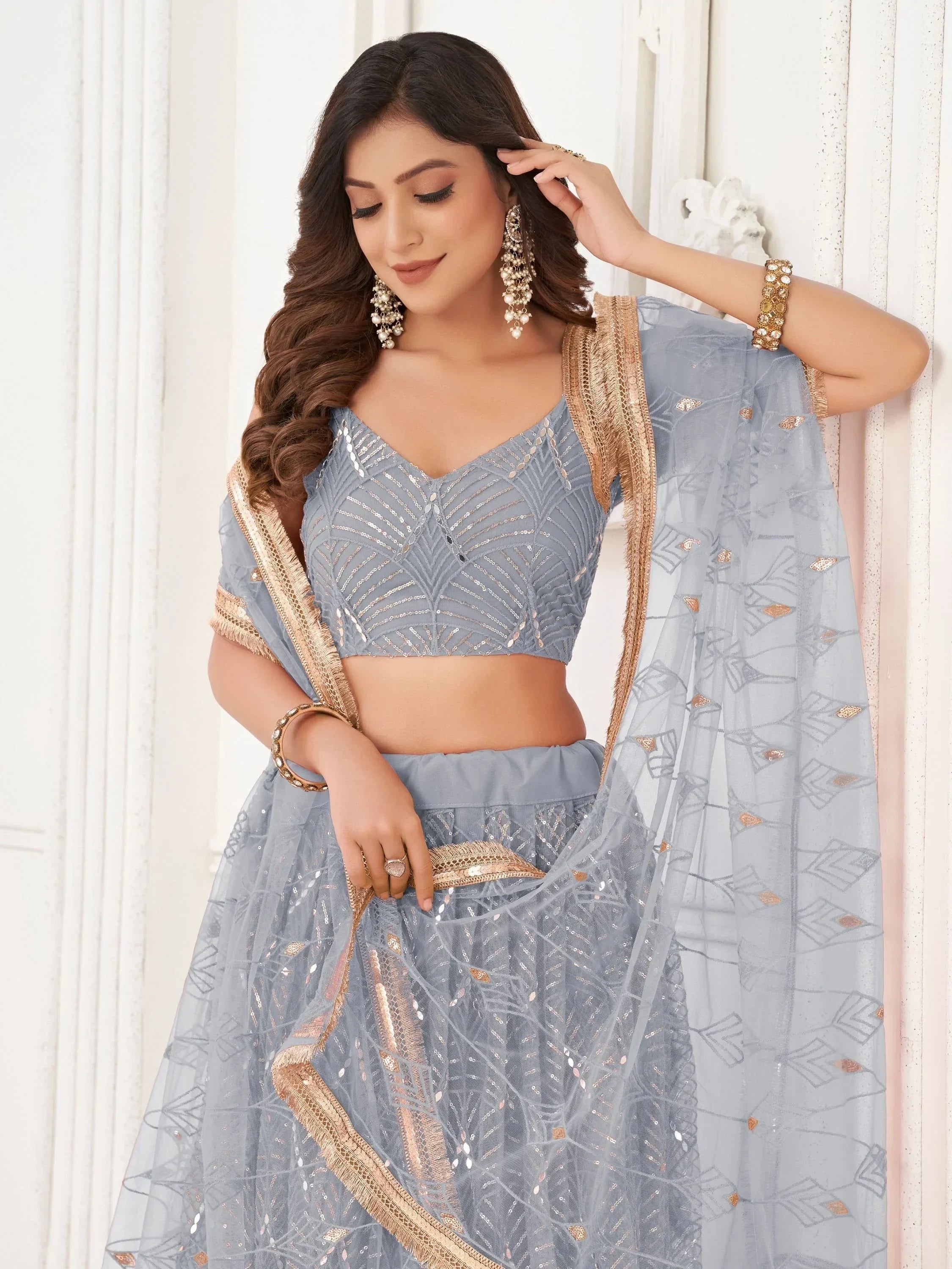 Excellent Grey Thread Work Net Bridesmaid Lehenga Choli With Dupatta