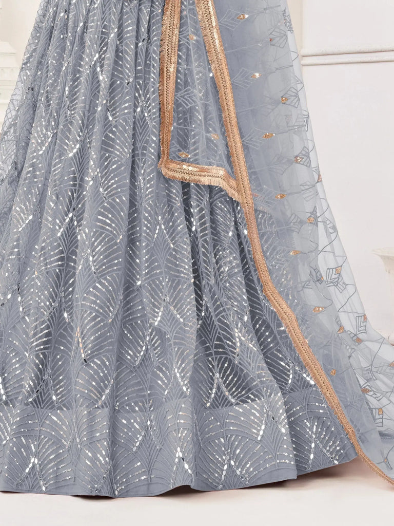 Excellent Grey Thread Work Net Bridesmaid Lehenga Choli With Dupatta
