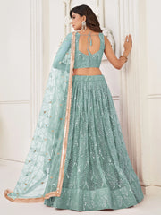 Marvelous Aqua Blue Thread Work Net Reception Wear Lehenga Choli