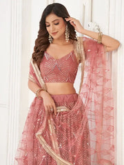 Stunning Dusty Pink Thread Work Net Wedding Wear Lehenga Choli