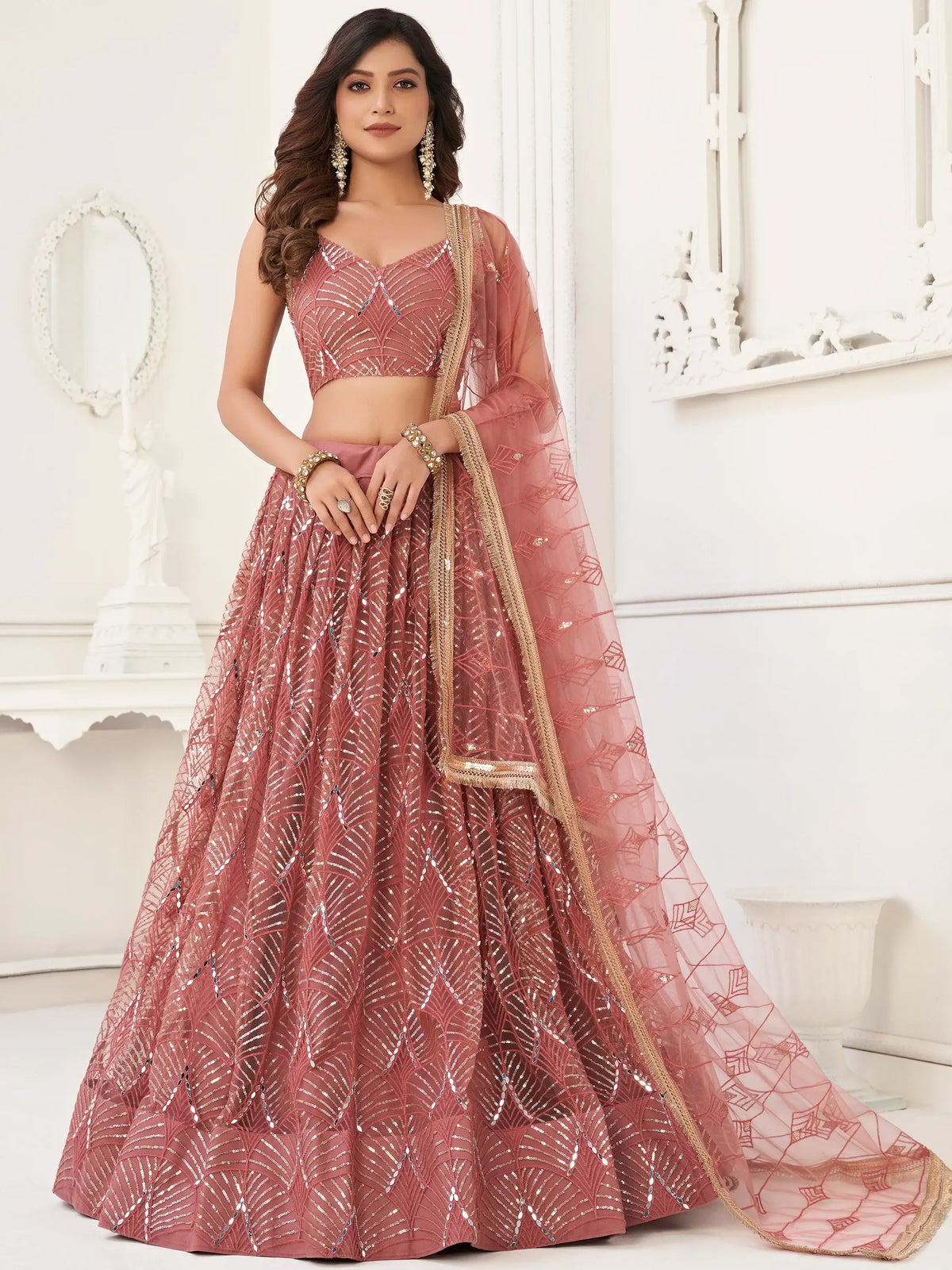 Stunning Dusty Pink Thread Work Net Wedding Wear Lehenga Choli