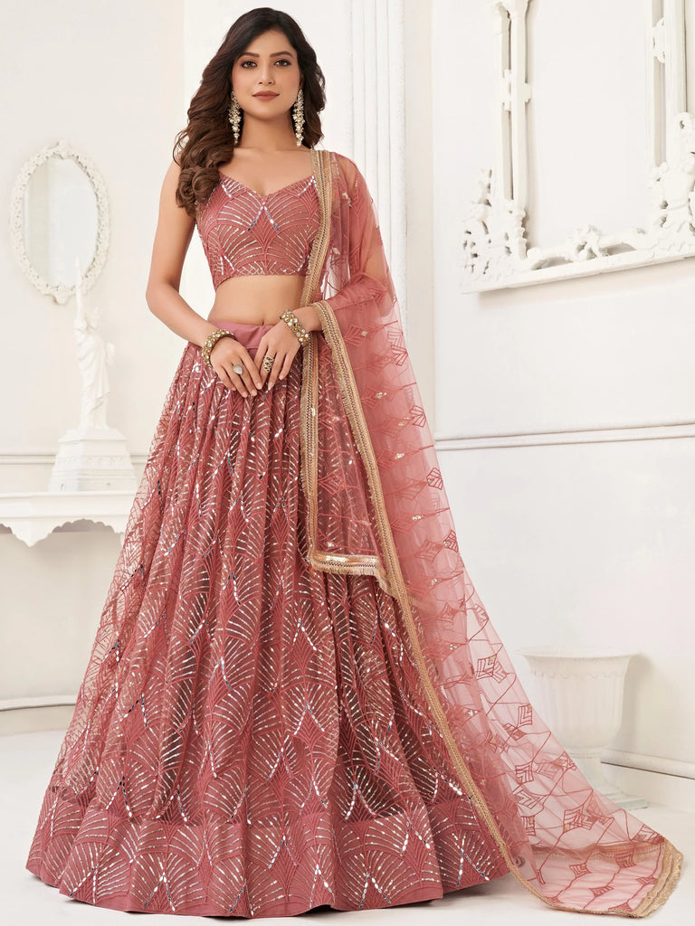 Stunning Dusty Pink Thread Work Net Wedding Wear Lehenga Choli