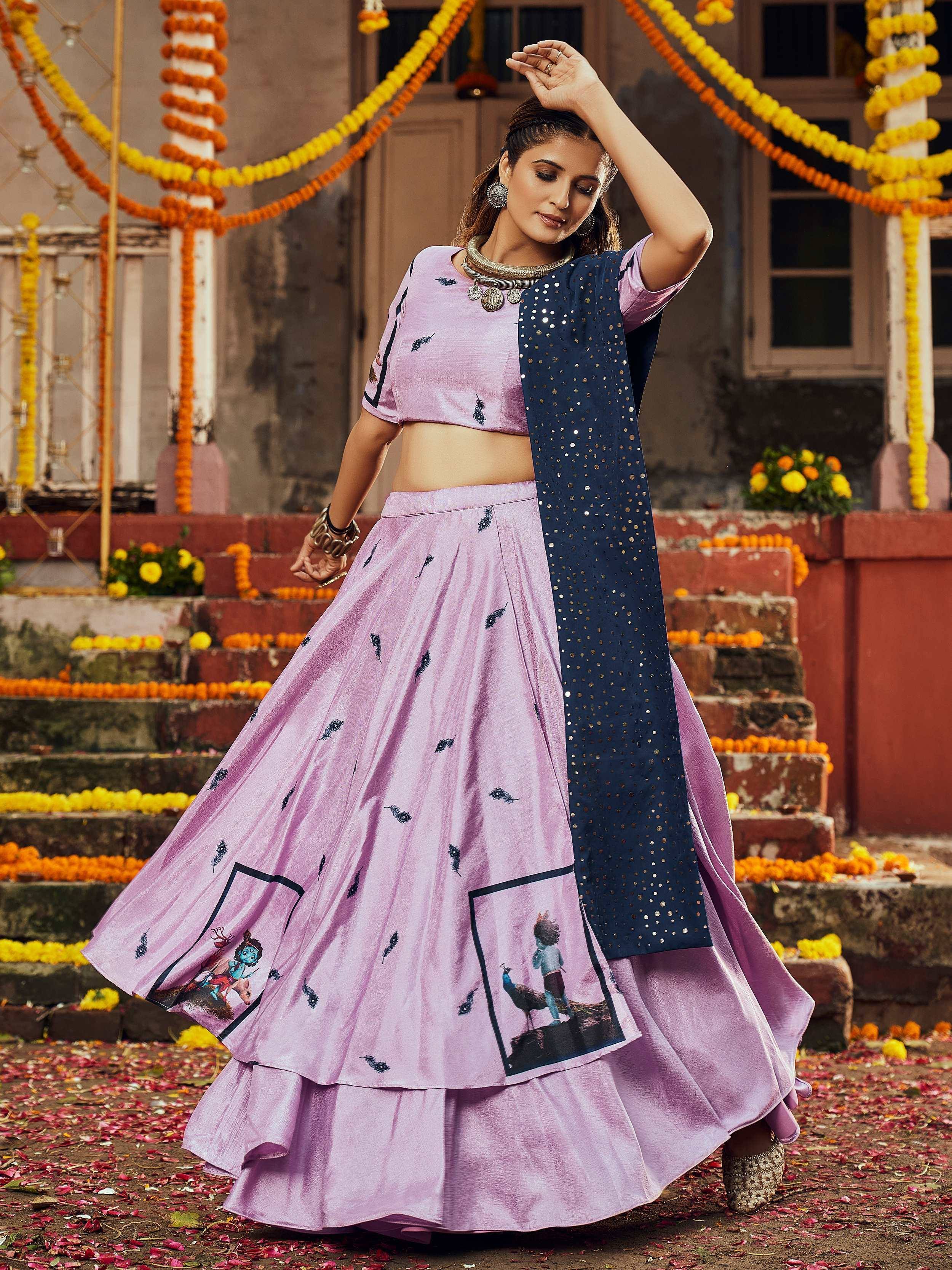Lavender lehenga choli with peacock print & navy dupatta, festive Indian ethnic wear