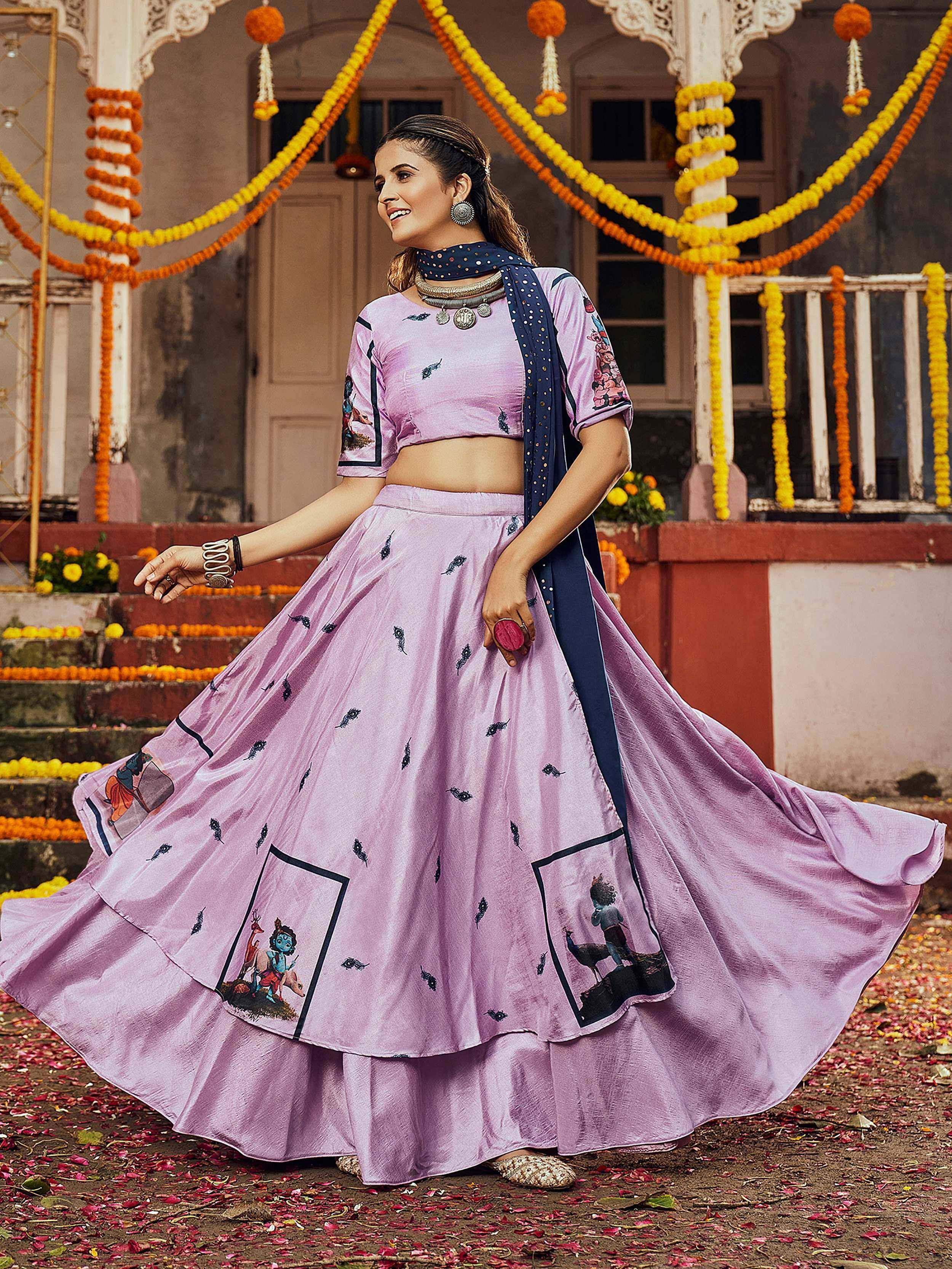 Purple printed lehenga choli with blue dupatta, festive Indian ethnic wear for celebrations