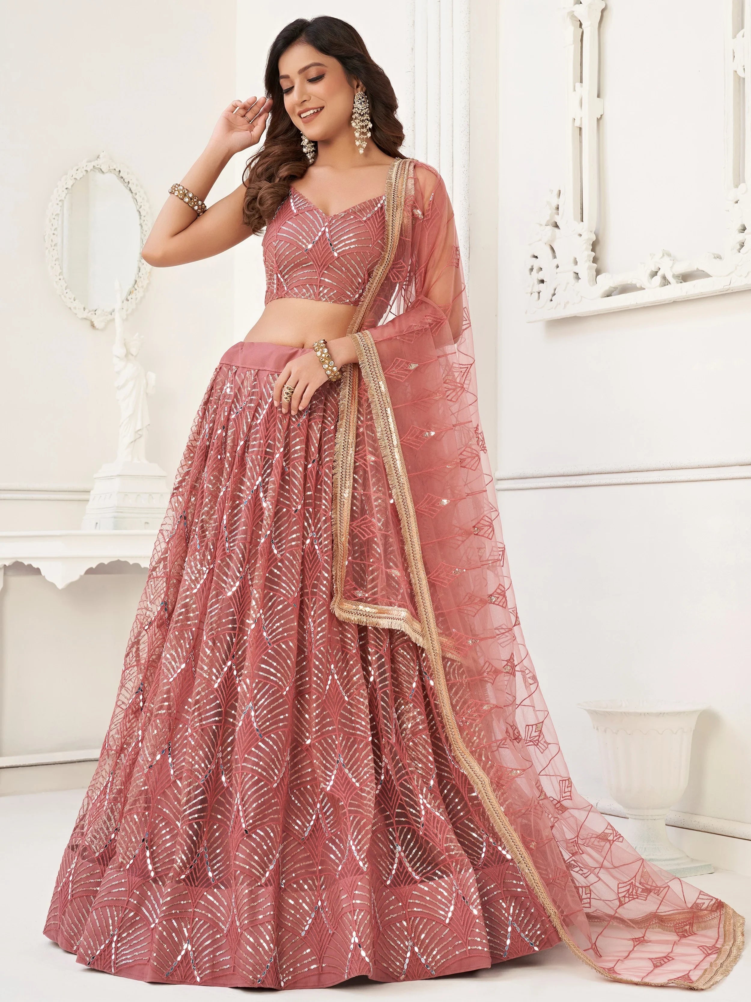 Stunning Dusty Pink Thread Work Net Wedding Wear Lehenga Choli