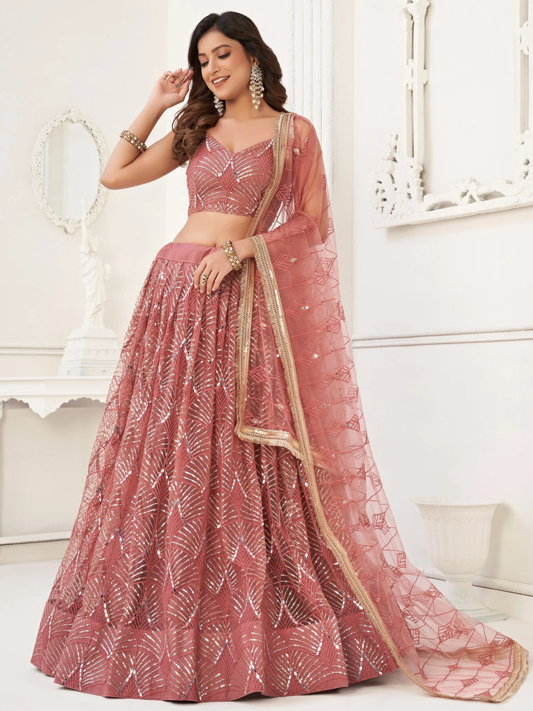 Stunning Dusty Pink Thread Work Net Wedding Wear Lehenga Choli