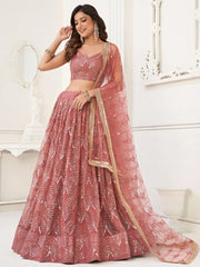 Stunning Dusty Pink Thread Work Net Wedding Wear Lehenga Choli