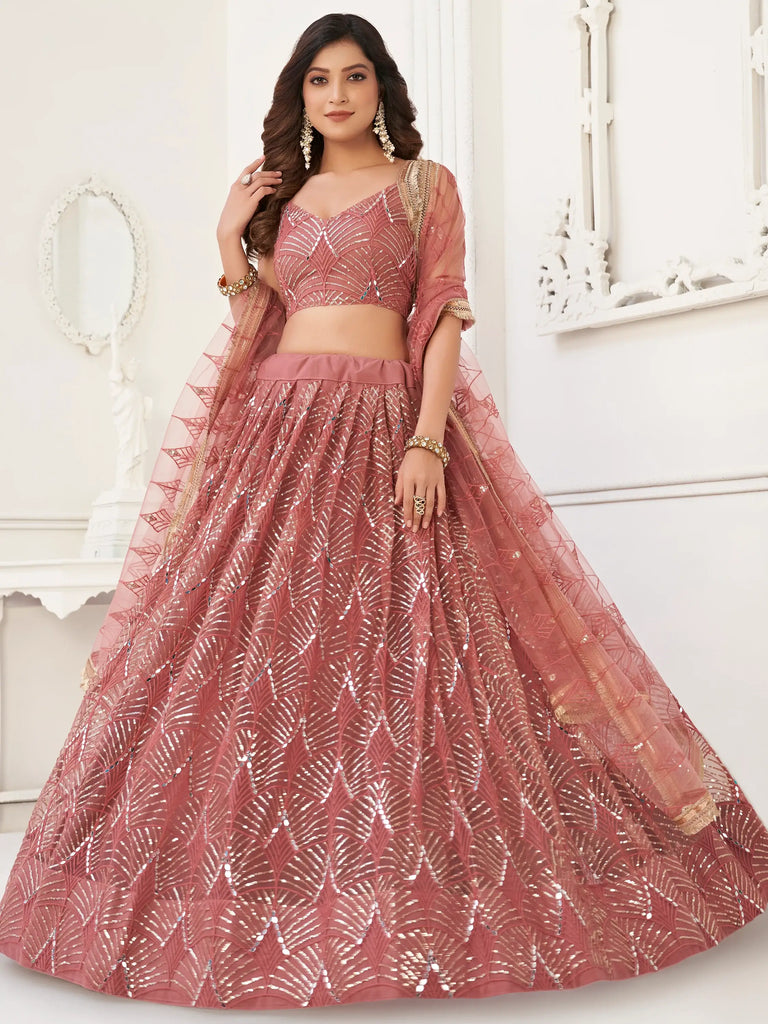 Stunning Dusty Pink Thread Work Net Wedding Wear Lehenga Choli
