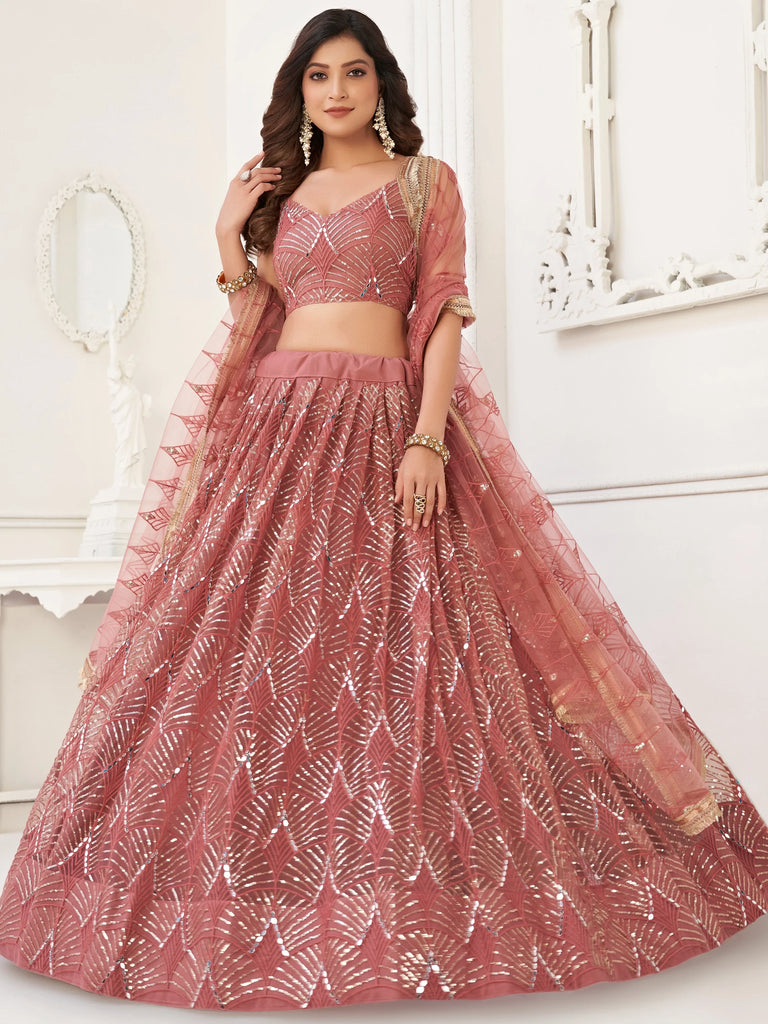 Stunning Dusty Pink Thread Work Net Wedding Wear Lehenga Choli