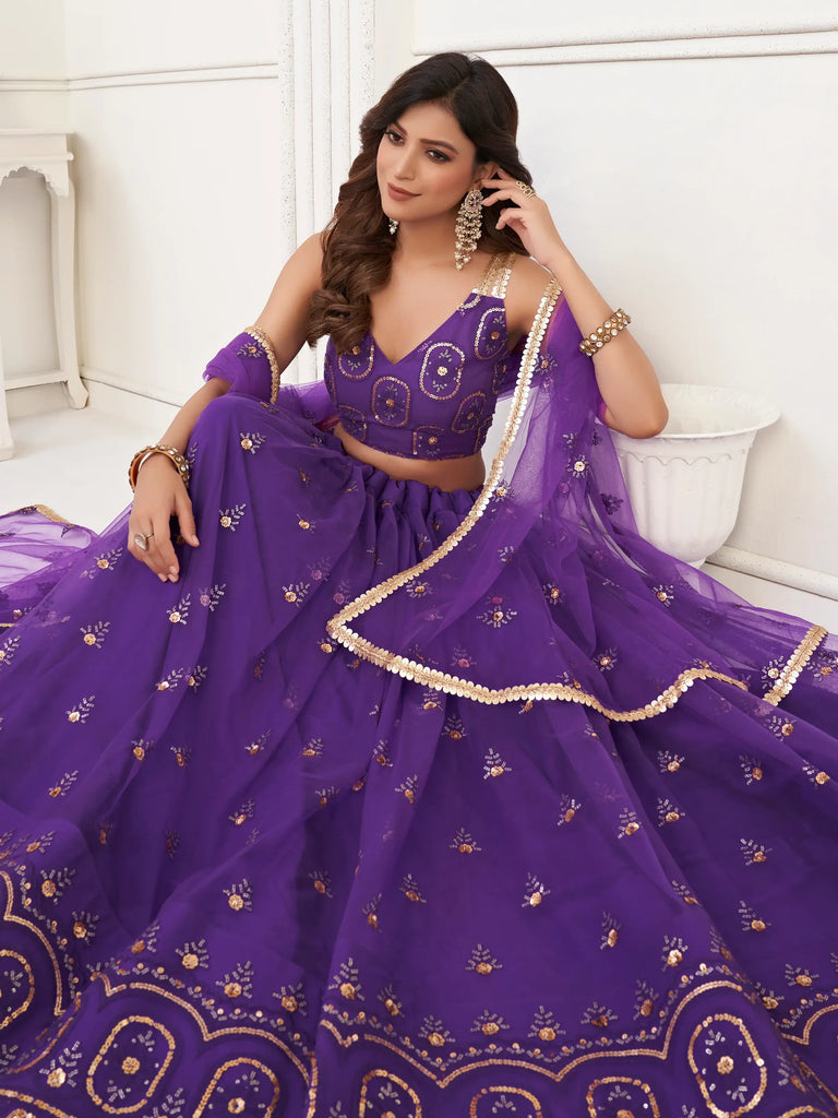 Pretty Purple Sequins Butterfly Net Party Wear Lehenga Choli