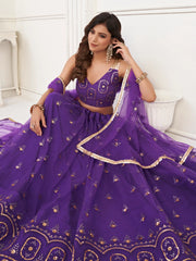 Pretty Purple Sequins Butterfly Net Party Wear Lehenga Choli