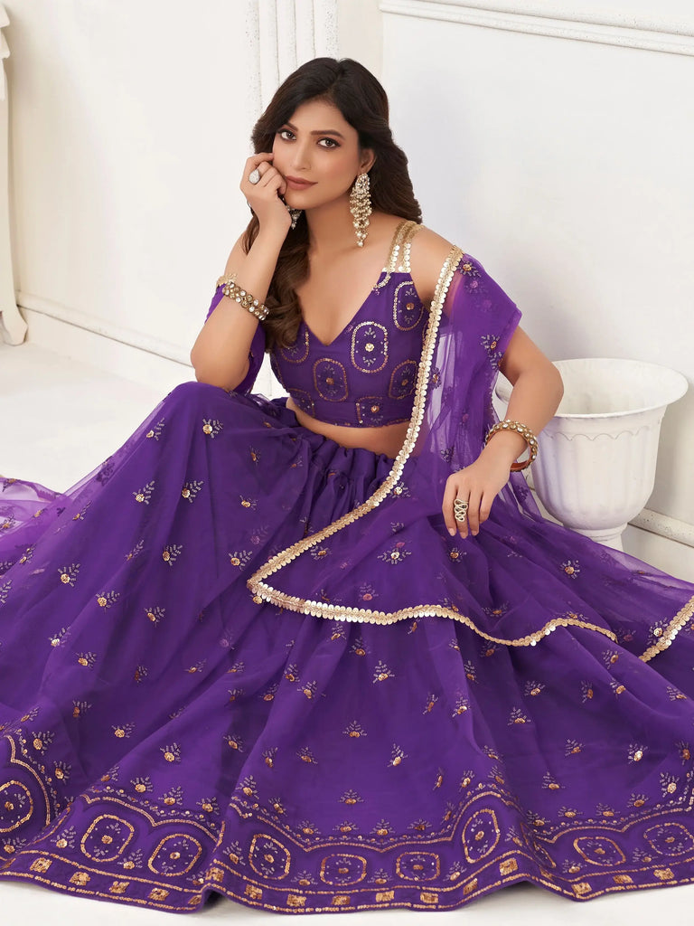 Pretty Purple Sequins Butterfly Net Party Wear Lehenga Choli