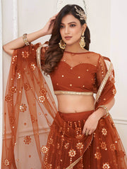 Amazing Brown Mirror Work Net Party Wear Lehenga Choli With Dupatta