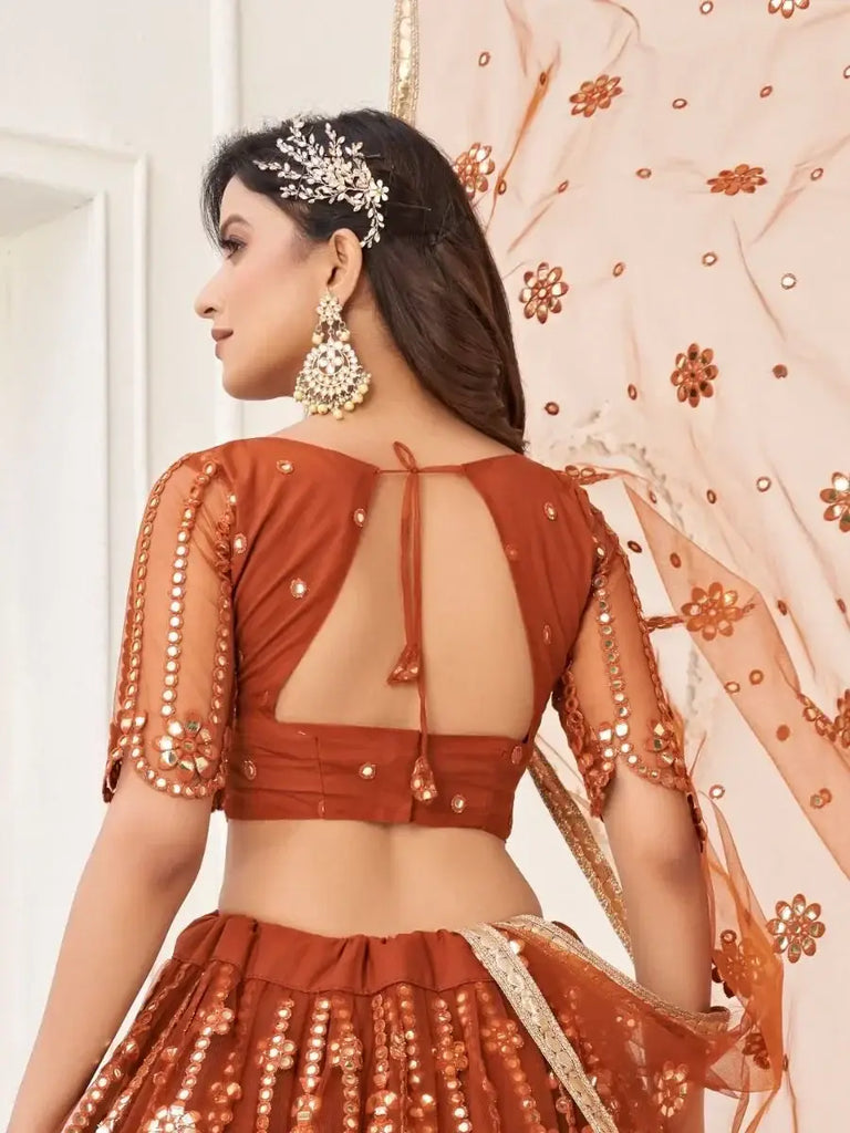 Amazing Brown Mirror Work Net Party Wear Lehenga Choli With Dupatta