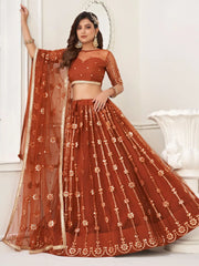Amazing Brown Mirror Work Net Party Wear Lehenga Choli With Dupatta
