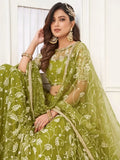 Lovely Olive Green Embroidered Net Mhendi Wear Lehenga Choli