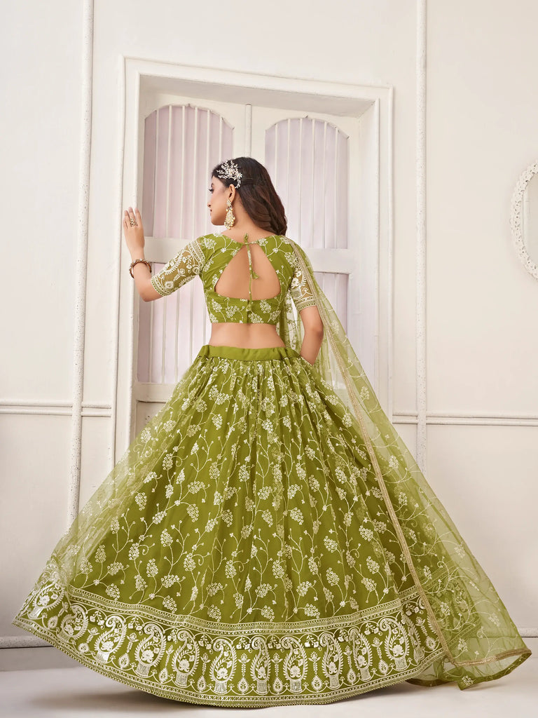 Lovely Olive Green Embroidered Net Mhendi Wear Lehenga Choli