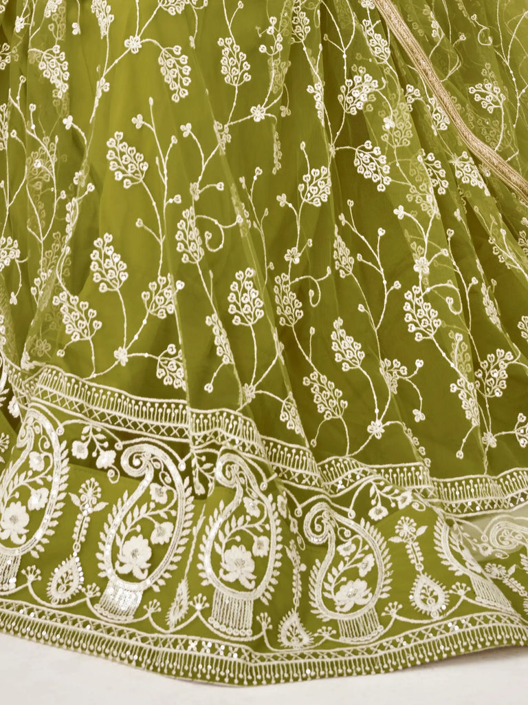 Lovely Olive Green Embroidered Net Mhendi Wear Lehenga Choli