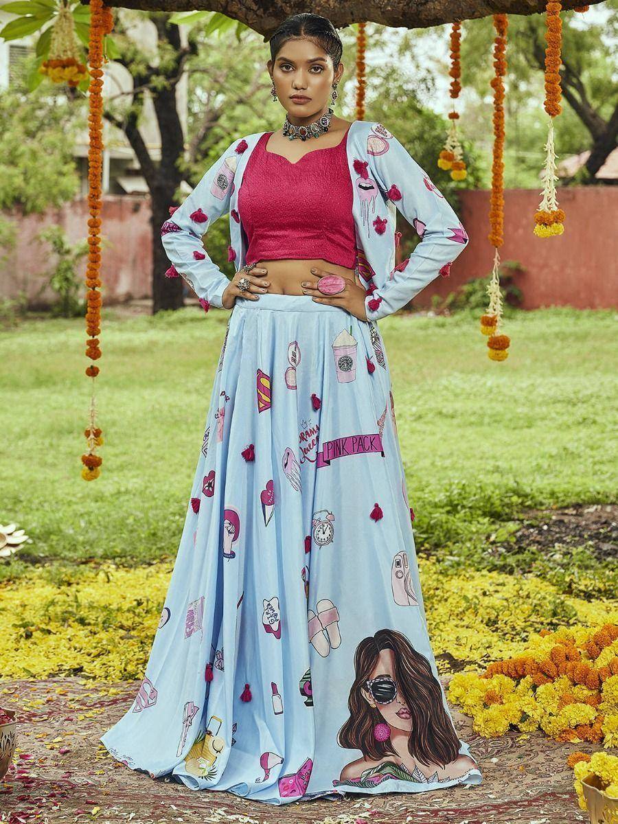 Blue printed lehenga choli with pink crop top, perfect for festive occasions and ethnic wear trends