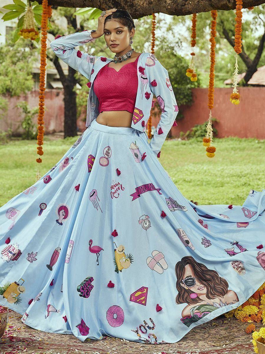 Trendy light blue printed lehenga choli with pink crop top, perfect for festive occasions and ethnic events