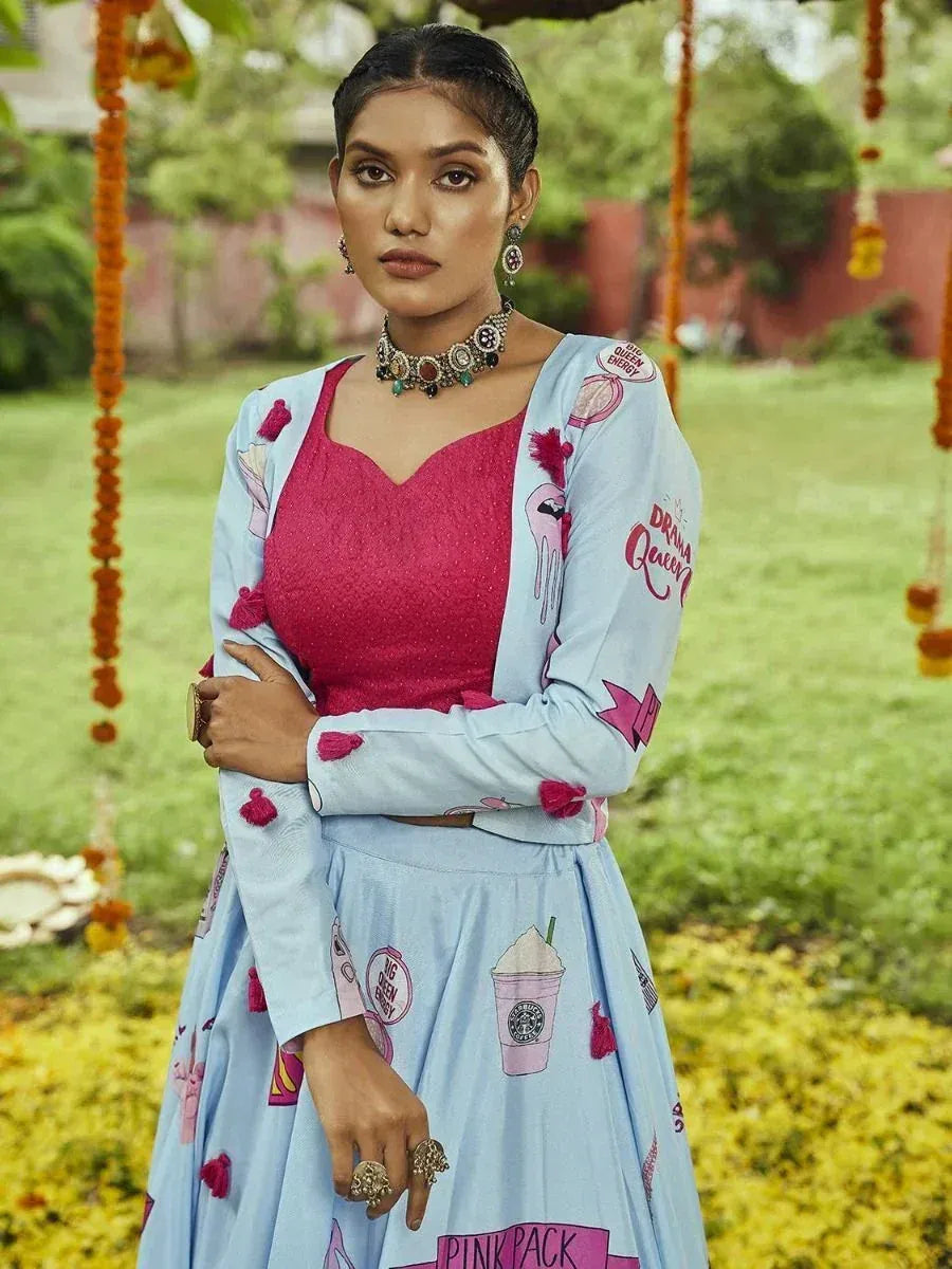 Stylish Indian ethnic gown with pink top and printed blue skirt, perfect for festive occasions