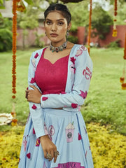 Glamorous Sky Blue Cotton Digital Print Party Wear Lehenga With Jacket