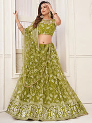 Lovely Olive Green Embroidered Net Mhendi Wear Lehenga Choli