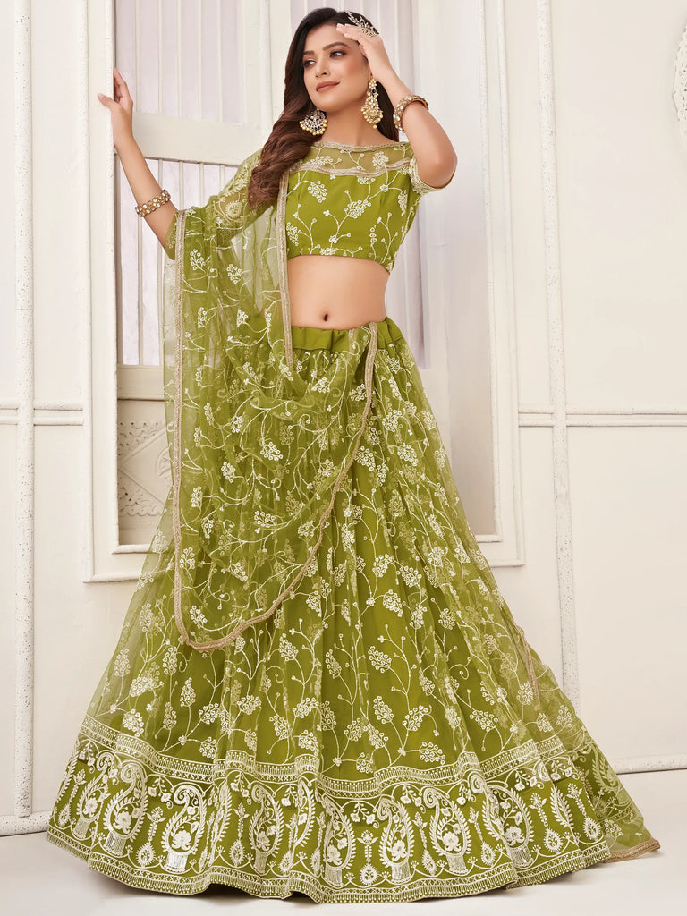Lovely Olive Green Embroidered Net Mhendi Wear Lehenga Choli