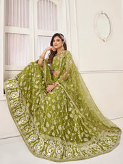 Lovely Olive Green Embroidered Net Mhendi Wear Lehenga Choli