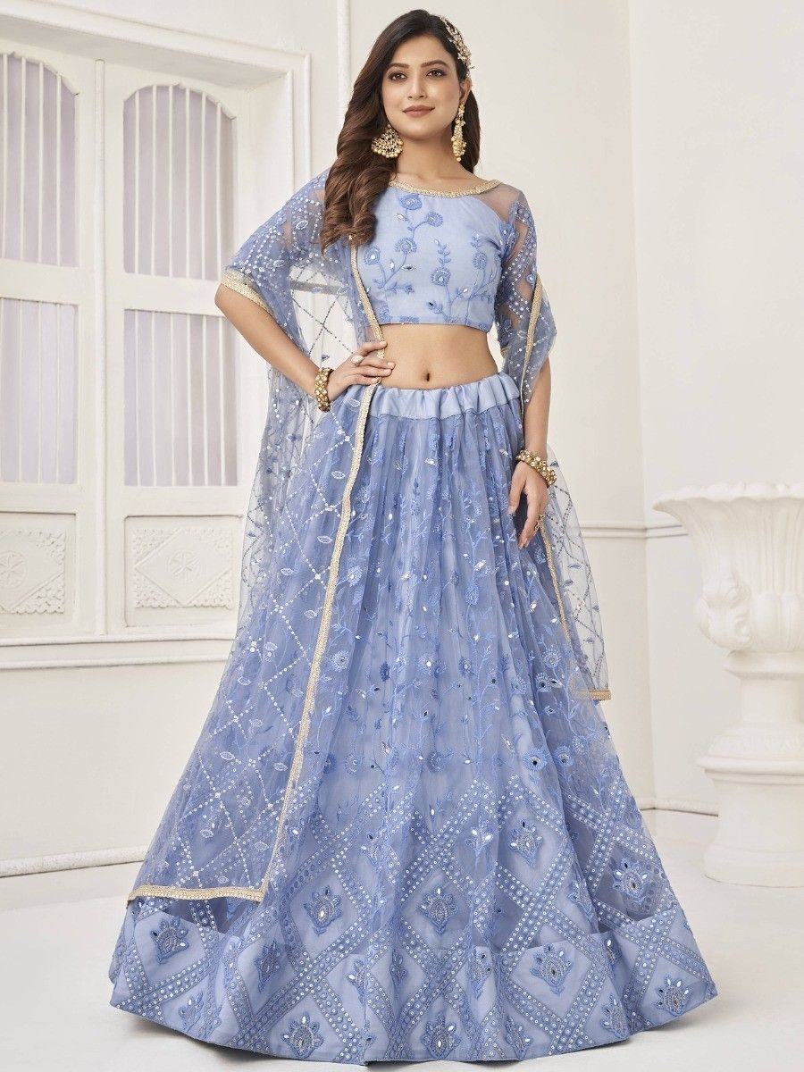 Light blue embroidered lehenga choli with sheer dupatta, perfect for Indian ethnic occasions