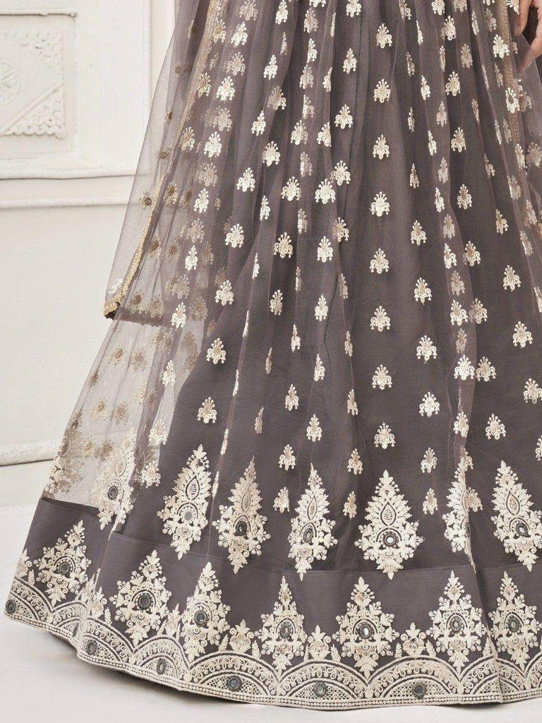 Enchanting Grey Embroidered Net Lehenga Choli With Dupatta