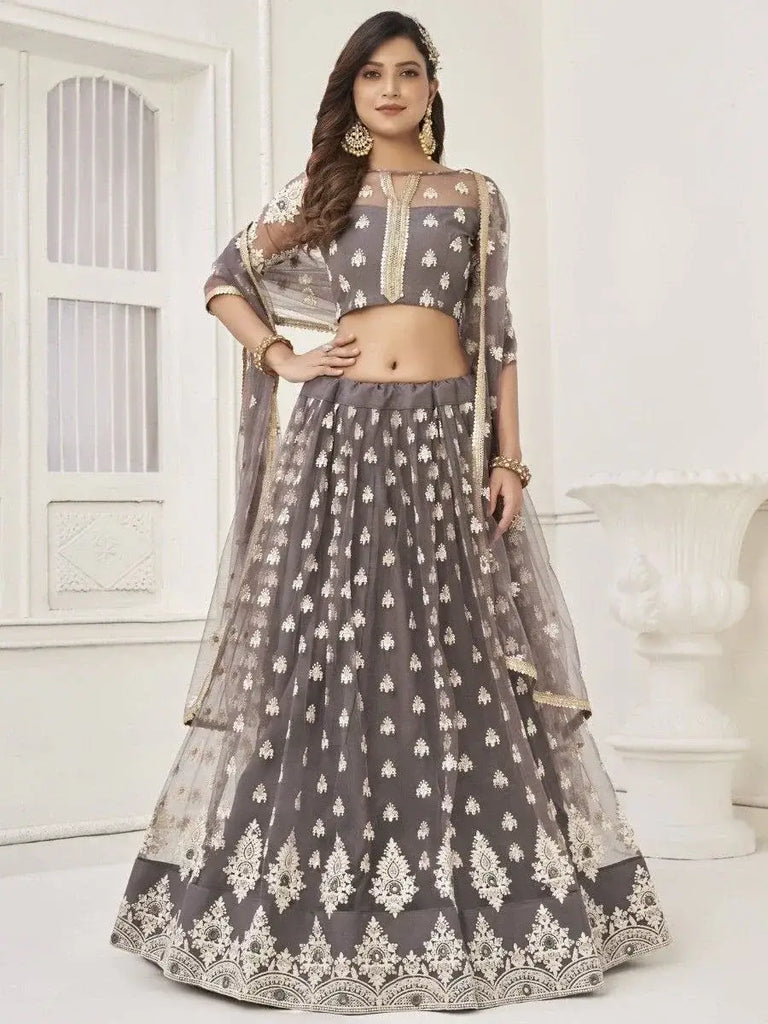 Enchanting Grey Embroidered Net Lehenga Choli With Dupatta